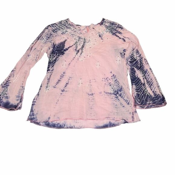 Studio C Blouse Boho V Neck Pink Blue Tie Dye Sequins Floral Embroidery Small - Picture 13 of 13